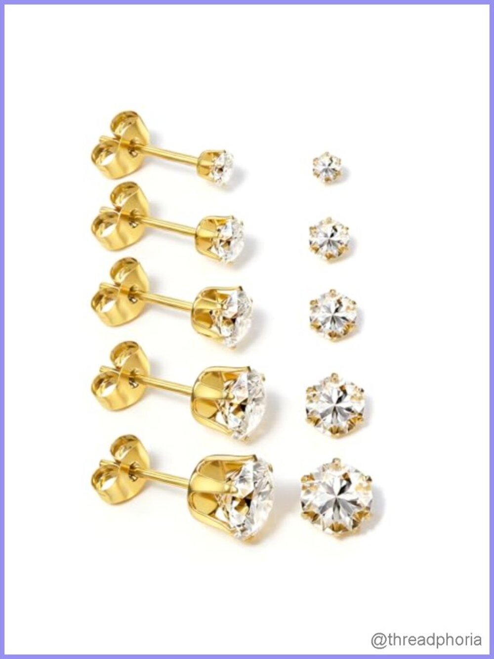 14K Gold Silver Stainless Steel Stud Earrings Set 5 Pairs Cubic Zirconia